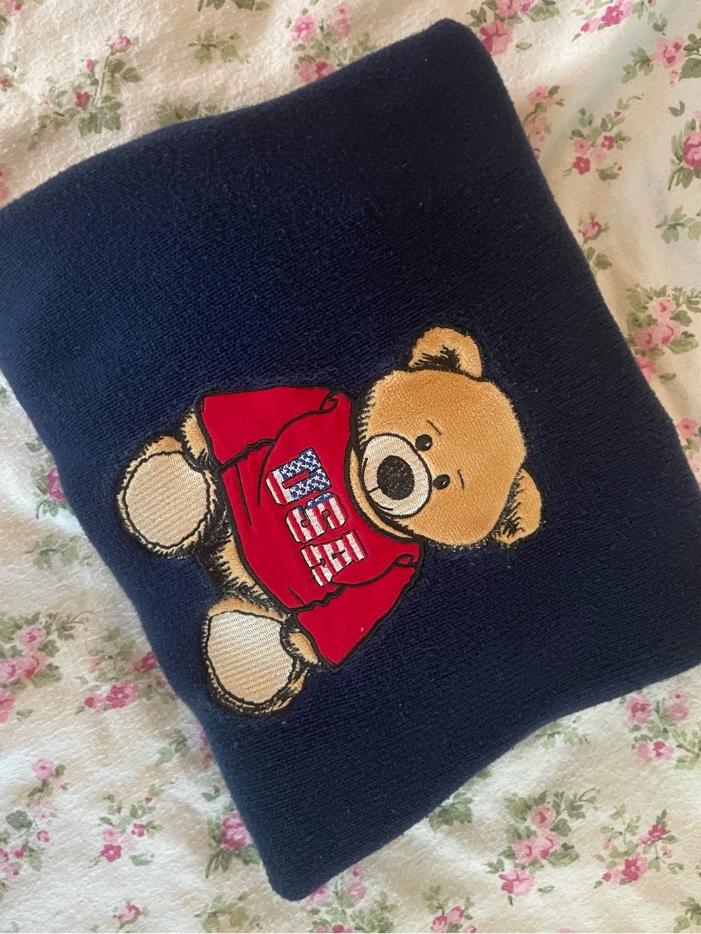 Navy Bear Appliqué Sweater with Red Hoodie Graphic